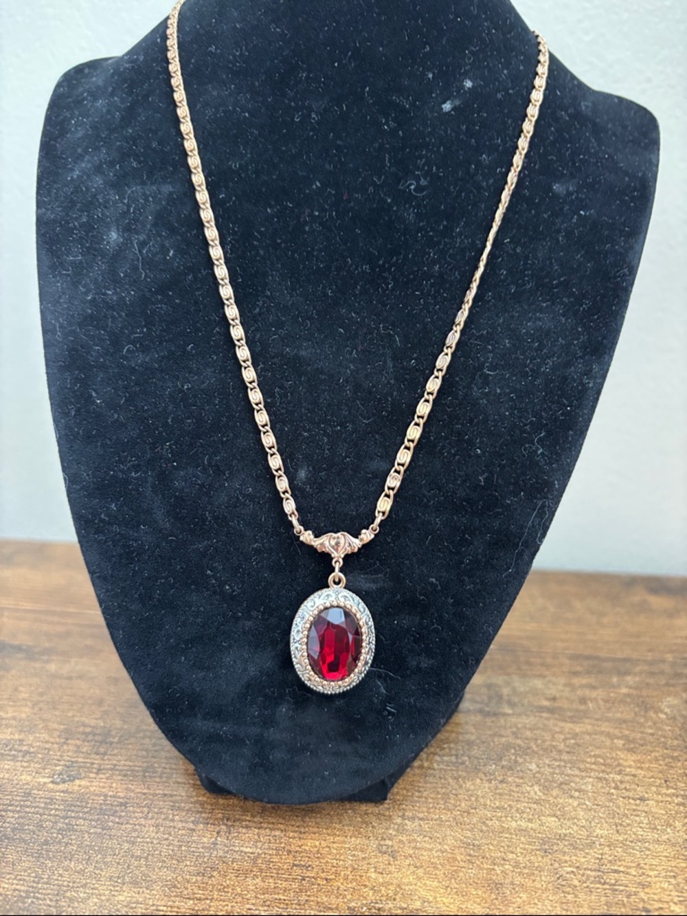 1928 copper tone and silver with red stone pendant necklace
